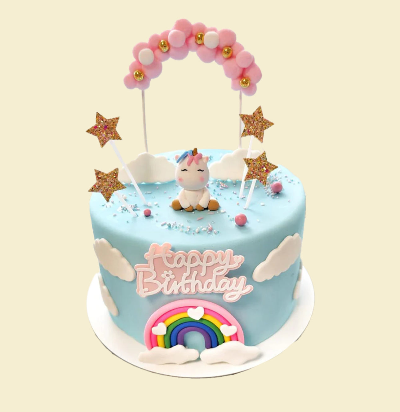 Einhorn Geburtstagstorte mit Regenbogen und Ballons (1 Figur) zum 1. Geburtstag