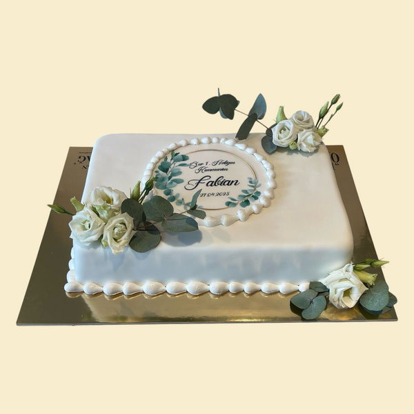 Torte zur Heiligen Kommunion mit Fotodruck und Rosen