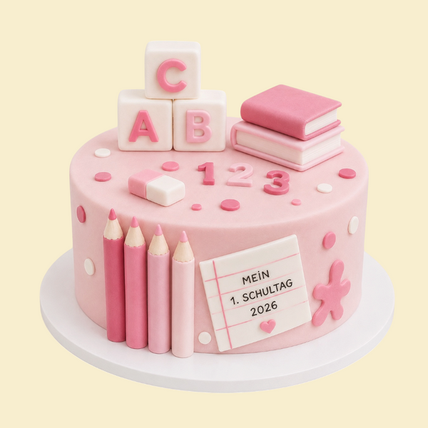 Personalisierte Einschulungstorte Rosa – Schulkind 2026 mit ABC-Würfeln & Buntstiften