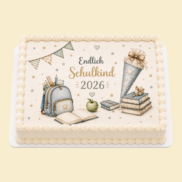 Rechteckige Vintage Einschulungstorte „Endlich Schulkind“ – Buttercremetorte mit essbarem Tortenaufleger