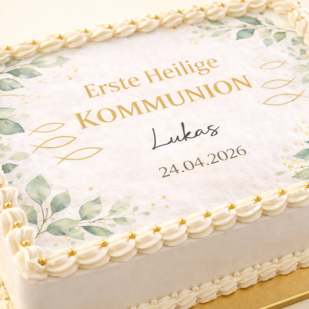 Kommunionstorte Eukalyptus Gold– rechteckige Fototorte zur Erstkommunion
