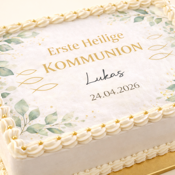 Kommunionstorte Eukalyptus Gold– rechteckige Fototorte zur Erstkommunion