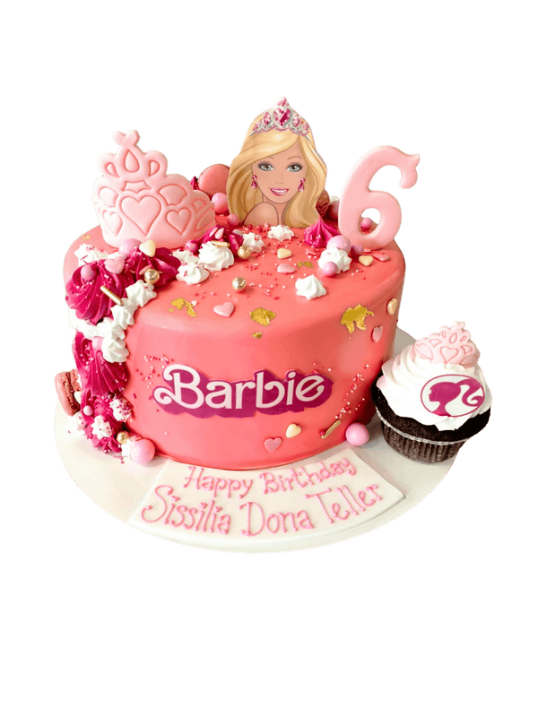 Geburtstagstorte in Pink mit Krone und Barbie und Cupcake