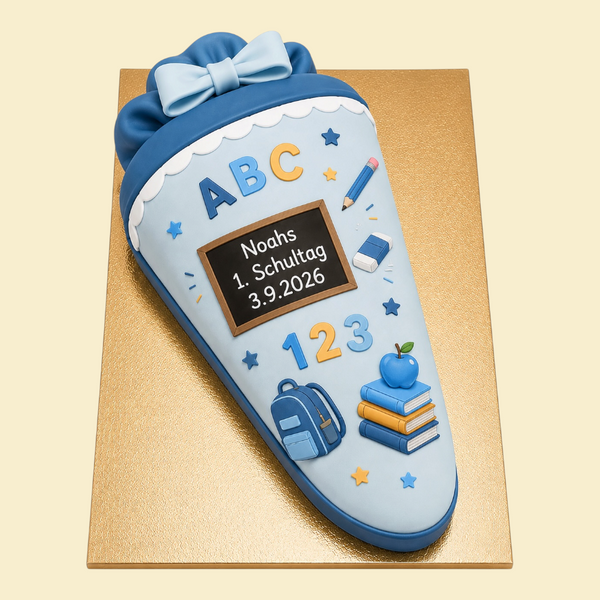 Einschulungstorte Schultüte Blau mit Fondantdruck – personalisierbar