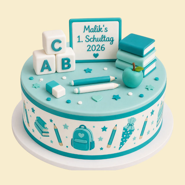 Personalisierte Einschulungstorte mit Fondant-Randdruck & Modellierdeko (Türkis)