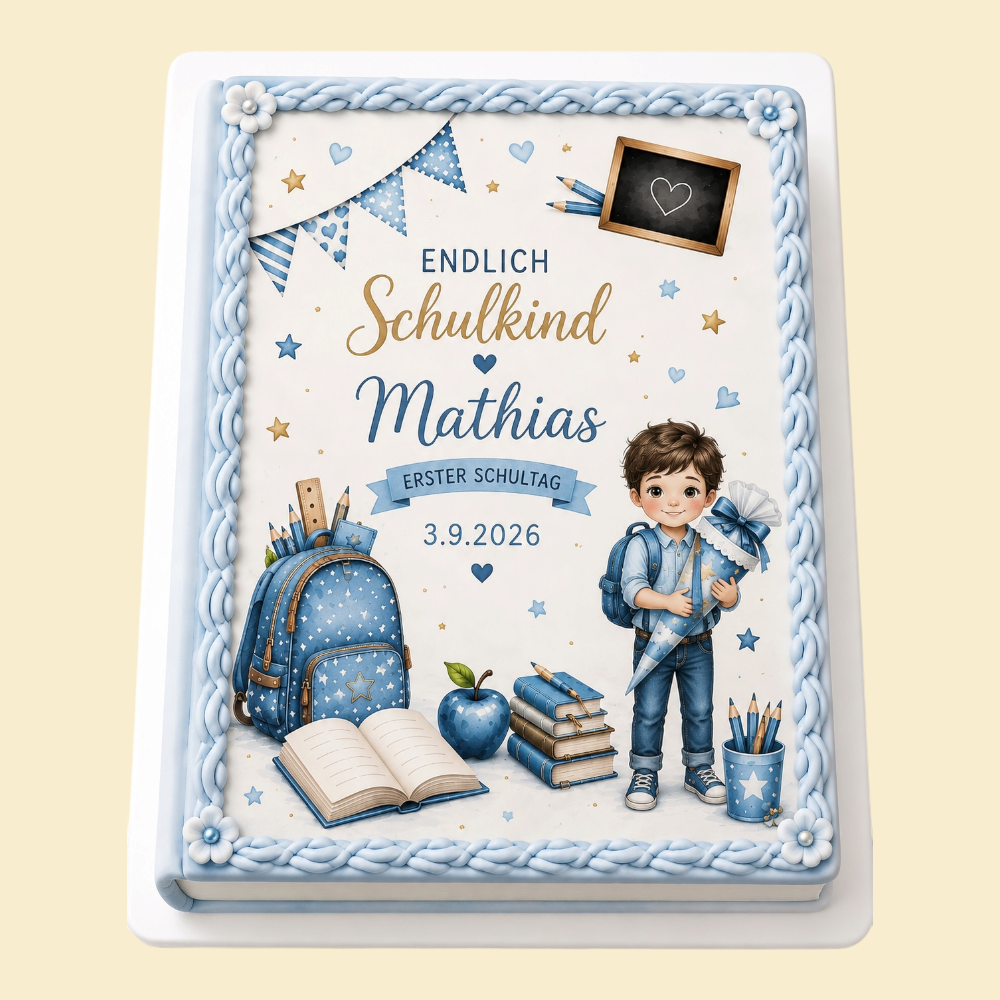 Personalisierte Buchtorte „Endlich Schulkind“ – Fondant-Torte mit Druckmotiv (Hellblau)
