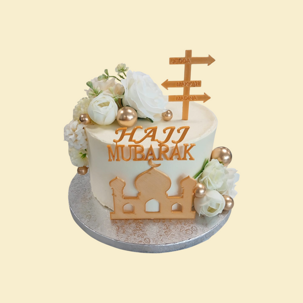 Beige Buttercreme  Hajj Mubarak Torte mit Rosen und Golddeko