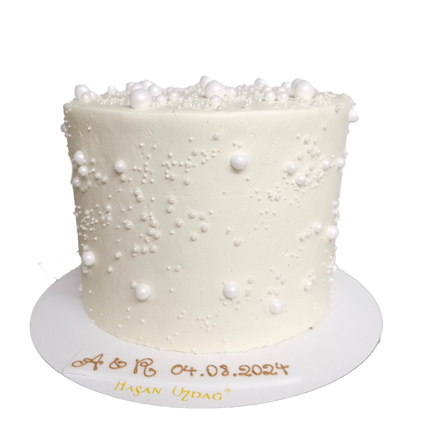 1EtagenHochzeitstortewmitPerlenundSchneeeiss