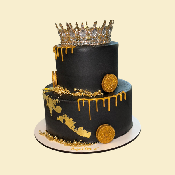 2 Etagen  Schwarze Geburtstagstorte mit Blattgold ,Krone und Gold Drip