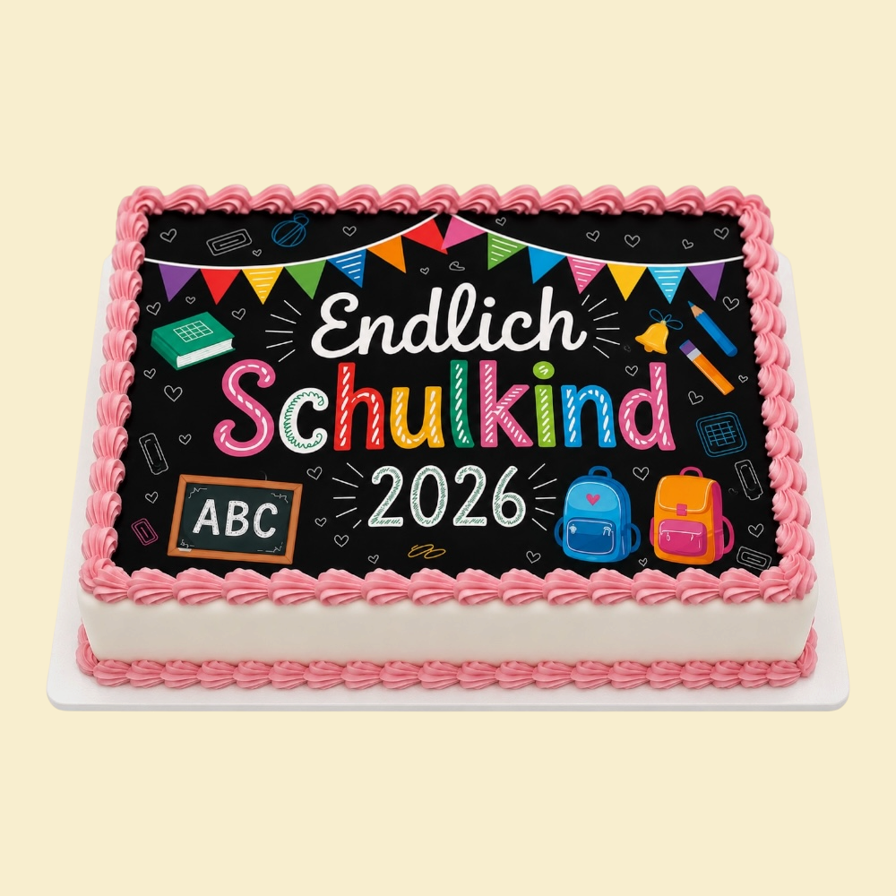 Rechteckige Einschulungstorte - „Endlich Schulkind“ mit essbarem Druck (Rosa)