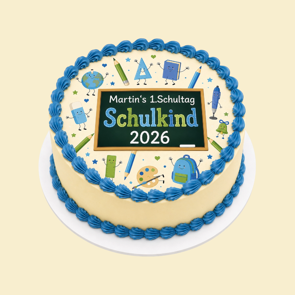 Runde Einschulungstorte mit Buttercreme – essbarer Druck mit Wunschname & Datum (Blau)