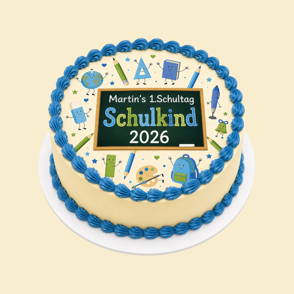 Runde Einschulungstorte mit Buttercreme – essbarer Druck mit Wunschname & Datum (Blau)
