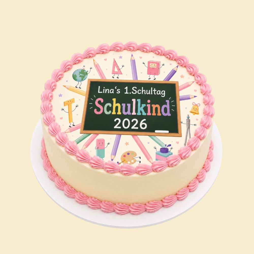 Runde Einschulungstorte mit Buttercreme – essbarer Druck mit Wunschname & Datum (Rosa)