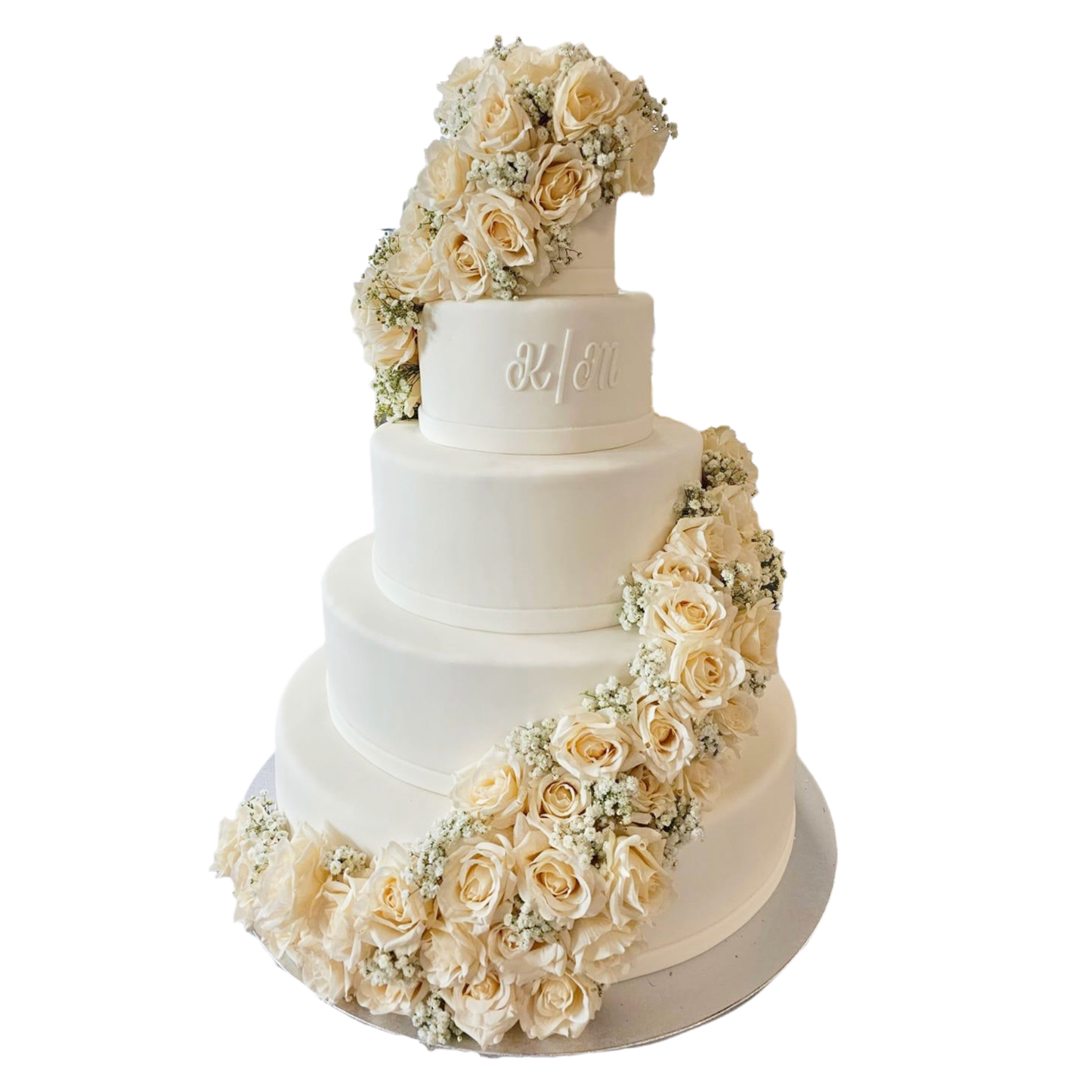 5 Etagen Hochzeitstorte weiß mit Buchstaben und Rosenranke in apricot