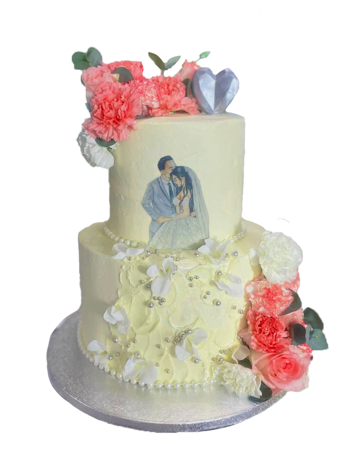 2 Etagen Hochzeitstorte Brautpaar und Kleid mit Perlen u Blumenblättern