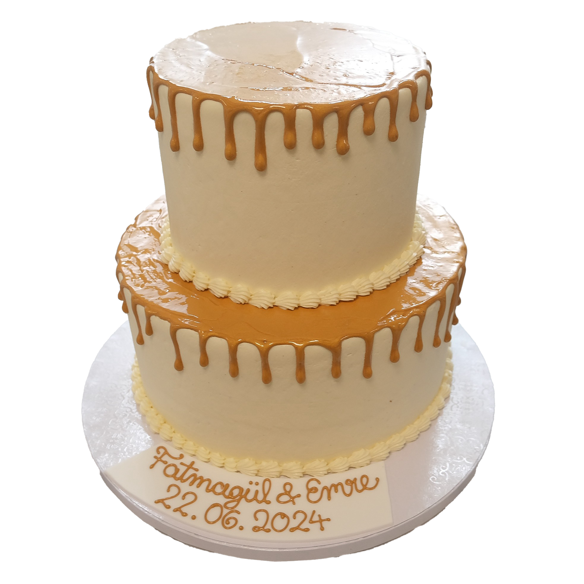 2 Etagen Hochzeitstorte beige mit goldenem Drip