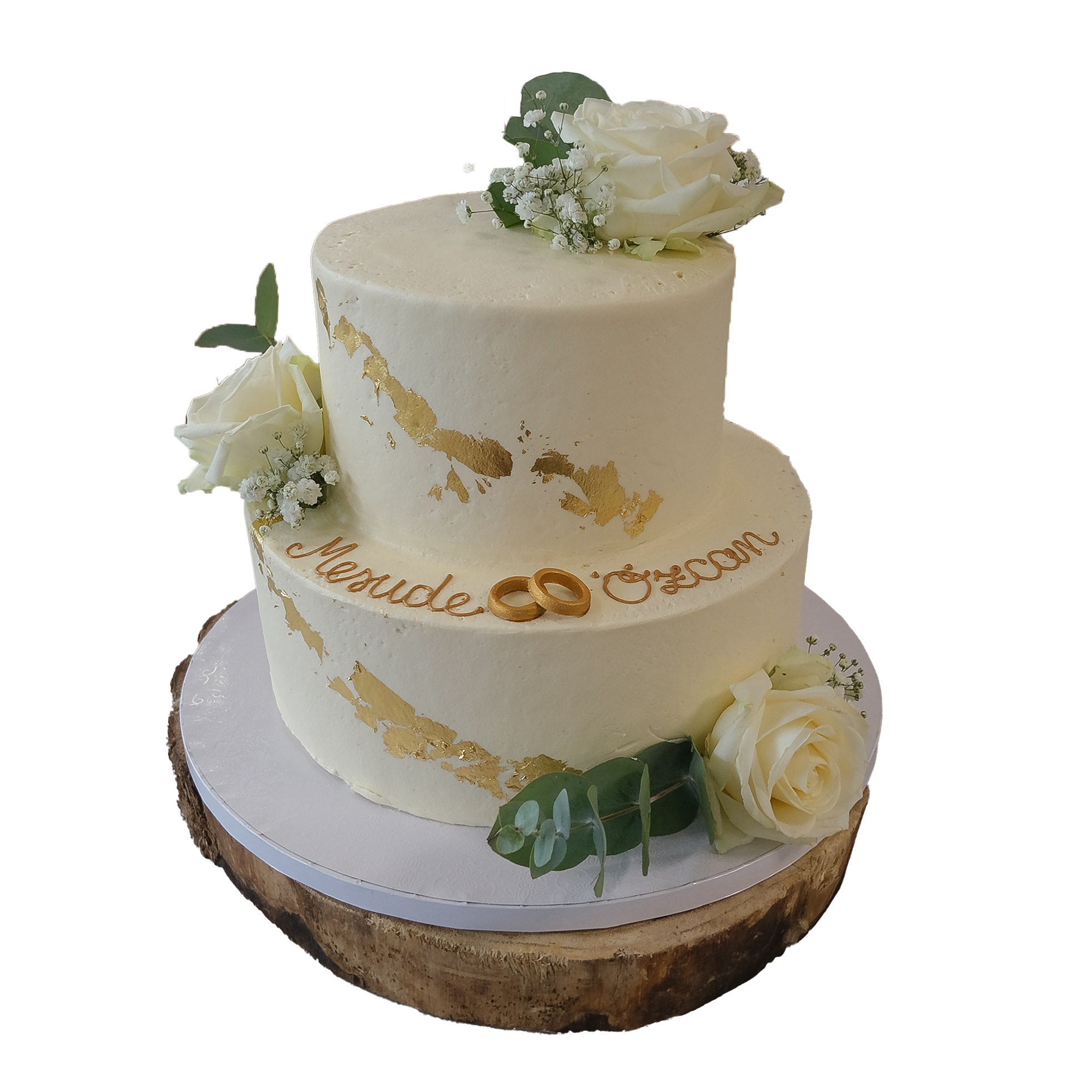 2 Etagen Hochzeitstorte weiß mit Blattgold und Ringen und weißen Rosen