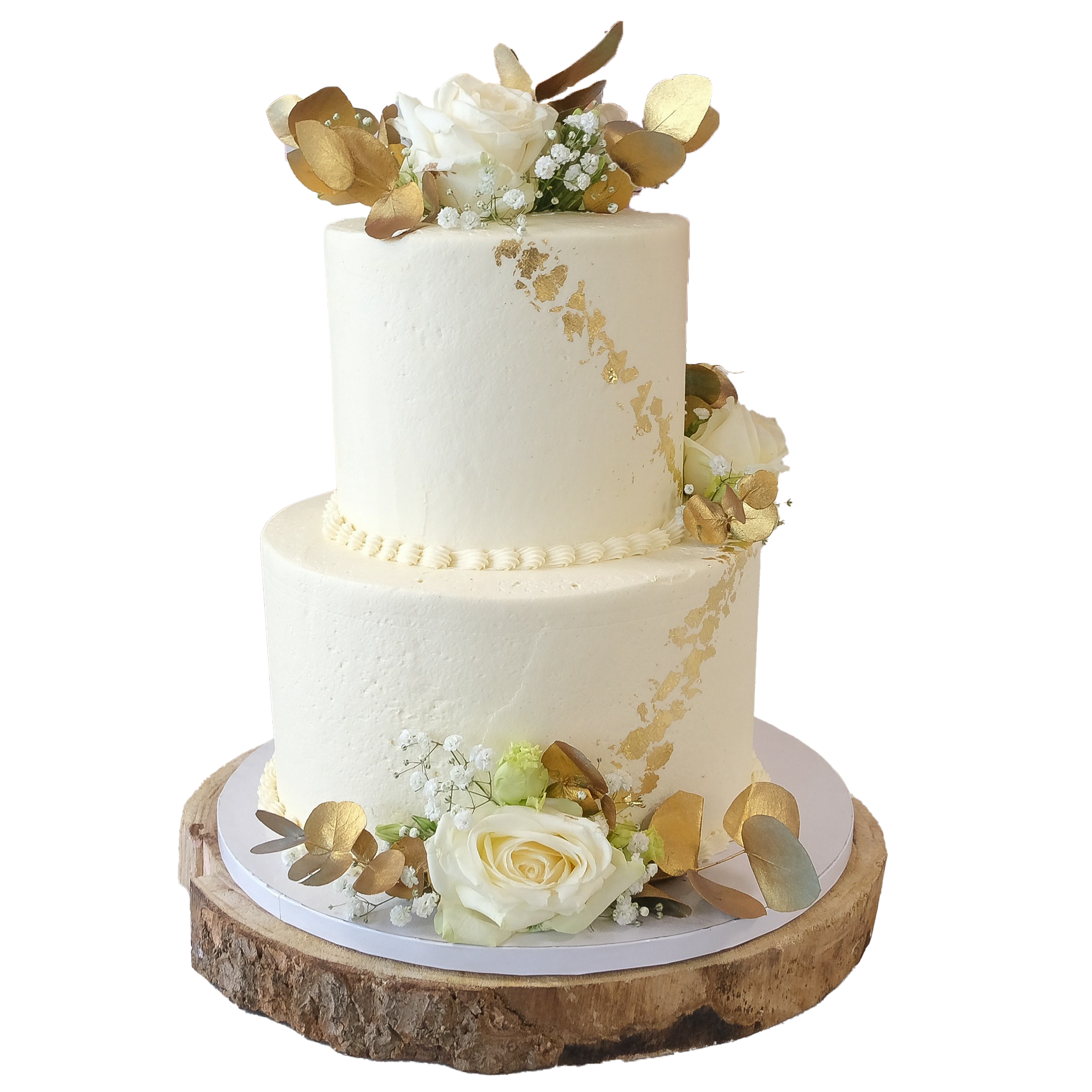 2 Etagen Hochzeitstorte weiß mit Blattgold und weißen Rosen und goldenen Blättern