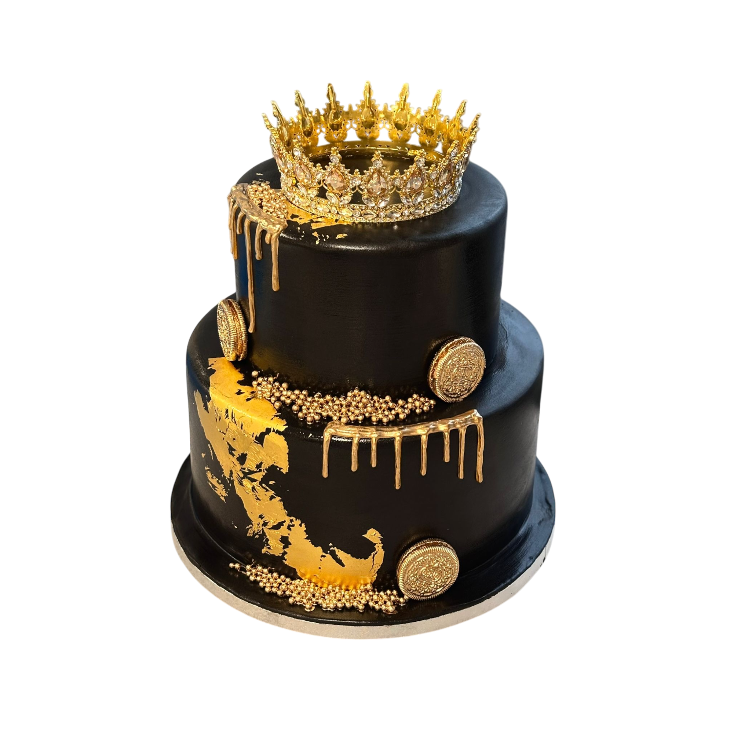 2 etagen schwarze Torte mit krone, Blattgold, perlen