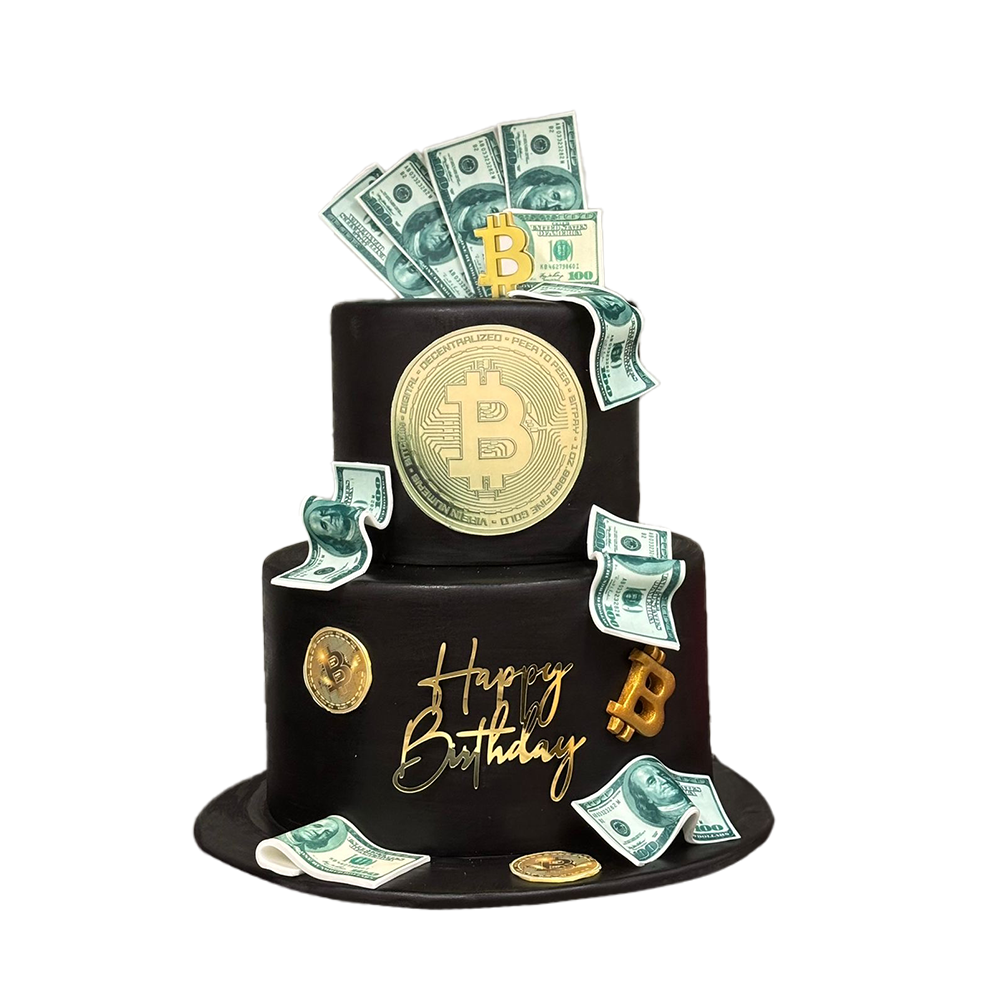 2 stöckige, schwarze Bitcoin-Torte mit Geldscheinen und münzen
