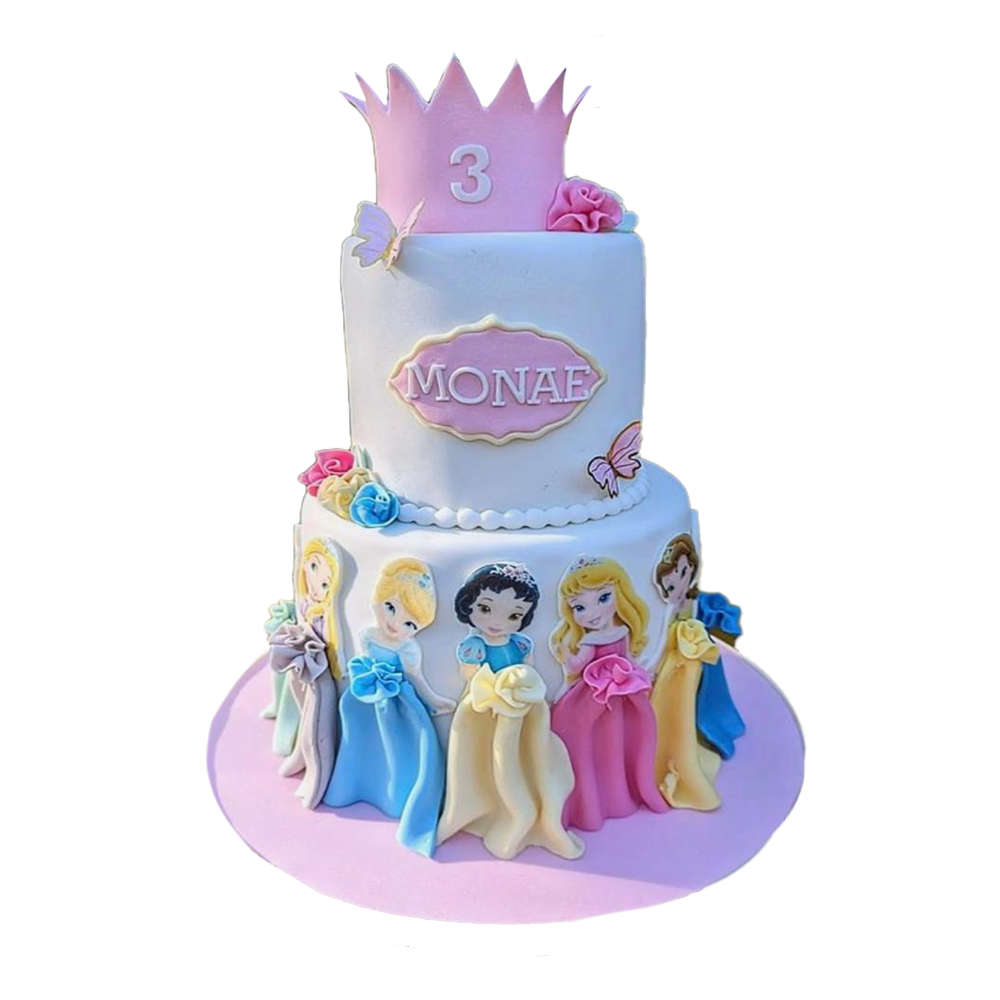 2 stöckige, weiße Torte mit rosa Krone und Disney Prinzessinnen wie Schneewittchen, Cinderella, Dornröschen, Belle und Rapunzel
