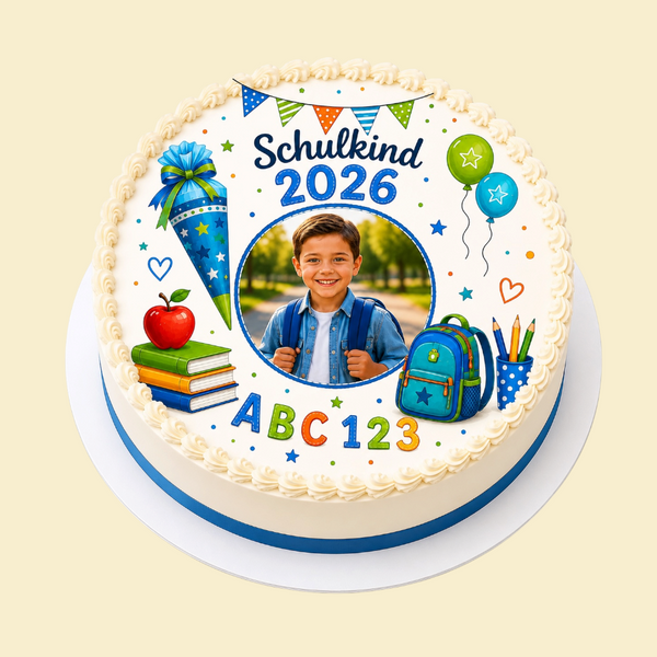 Fototorte „Schulkind“ – Eigenes Foto hochladen & personalisieren(Junge)