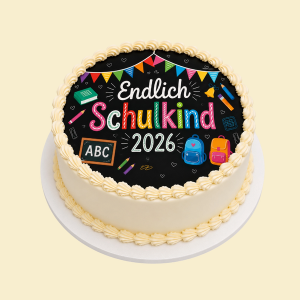 Runde Einschulungstorte mit Buttercreme – „Endlich Schulkind“ mit essbarem Druck (Natur)