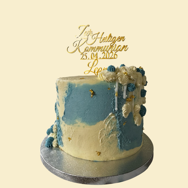 Edle Kommunionstorte in Blau & Gold mit Drip-Design – Individuell personalisierbar