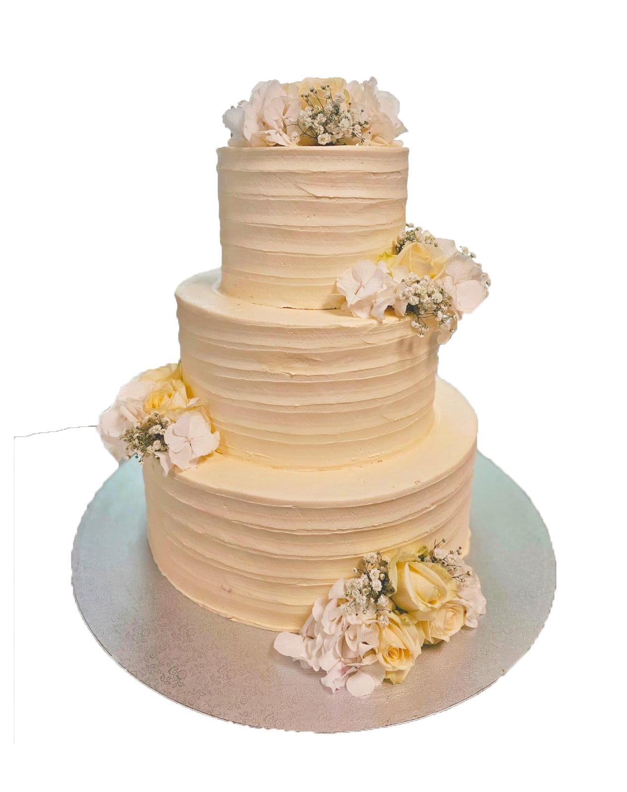 3 Etagen Hochzeitstorte beige mit Streifenmuster und weißen Rosen
