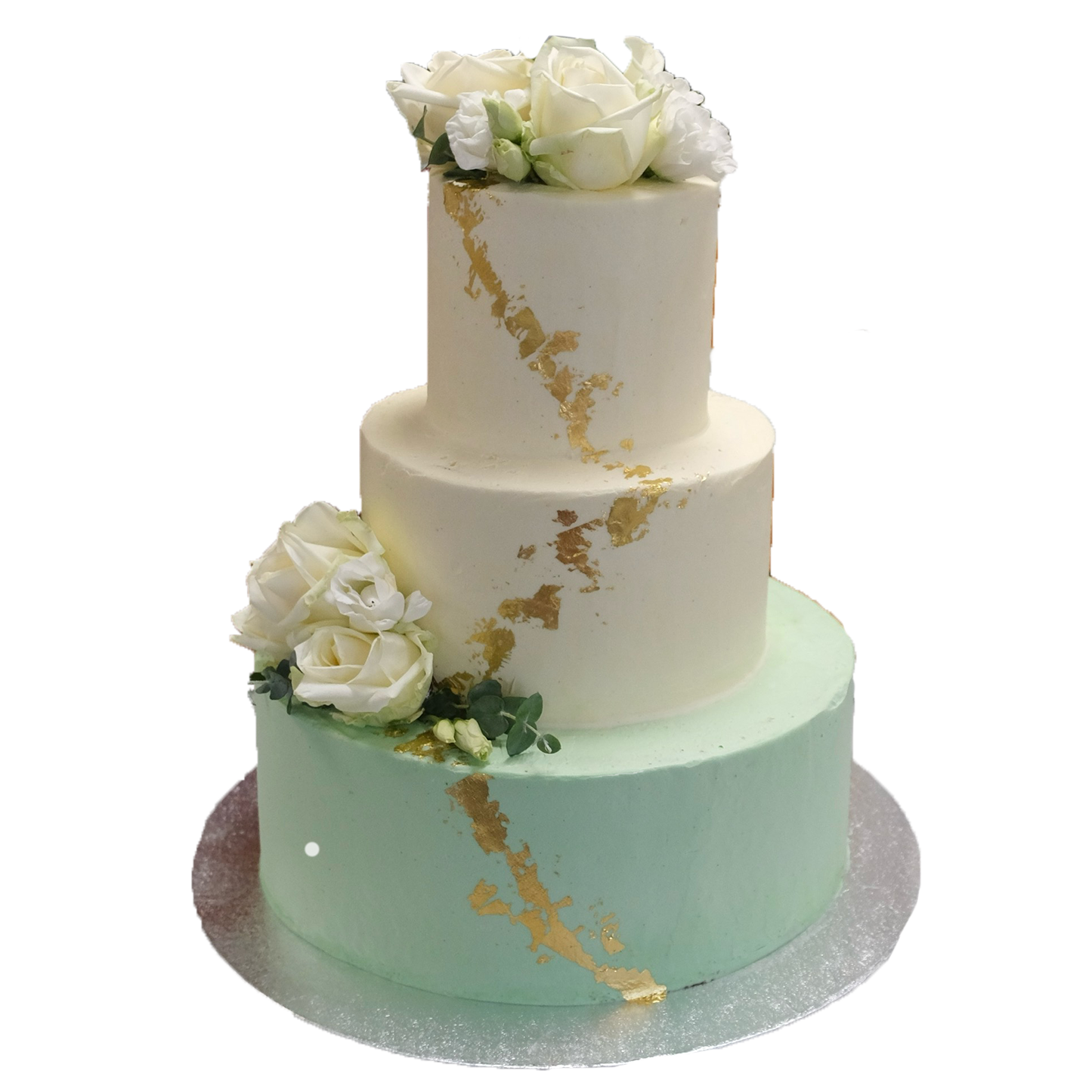 3 Etagen Hochzeitstorte mint und weiß mit Blattgold und weißen Rosen