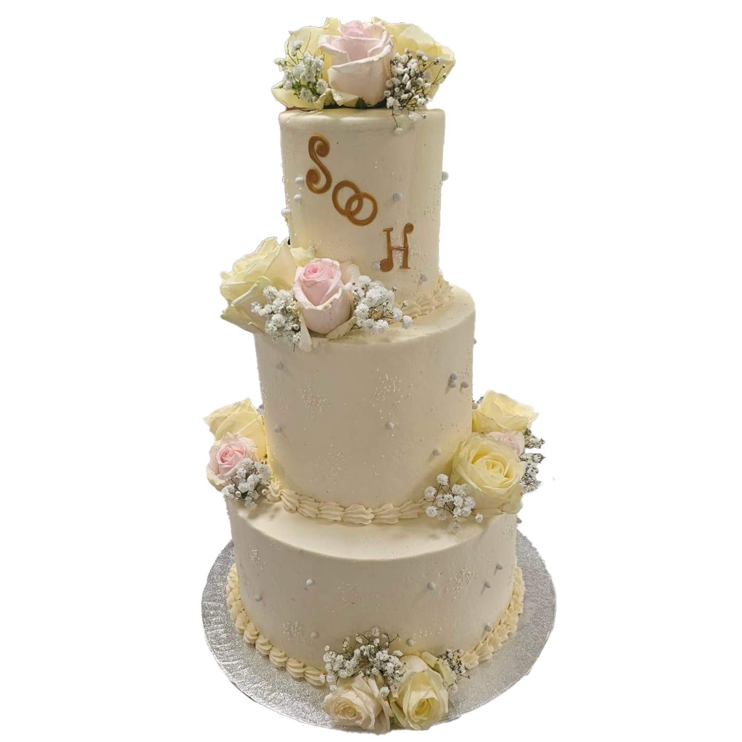 3 Etagen Hochzeitstorte weiß mit Perlen Rosen und Schleierkraut