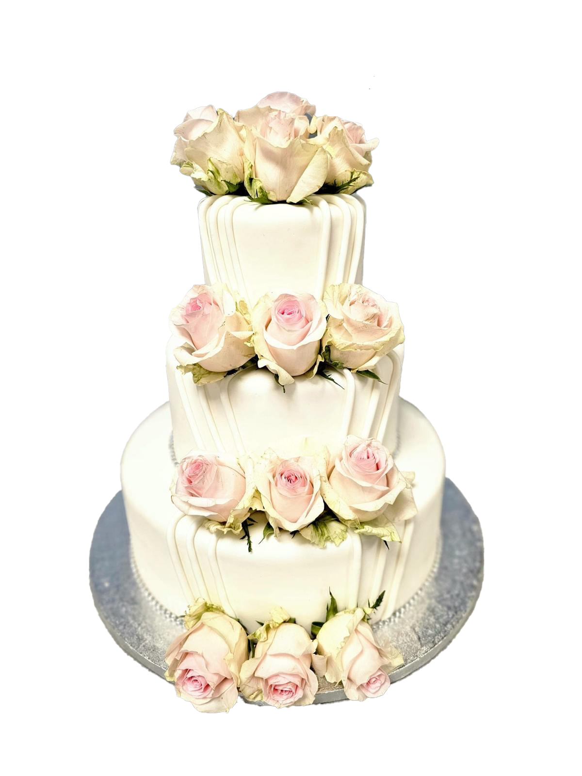 3 Etagen Hochzeitstorte weiß mit Streifenmuster und rosa Rosen
