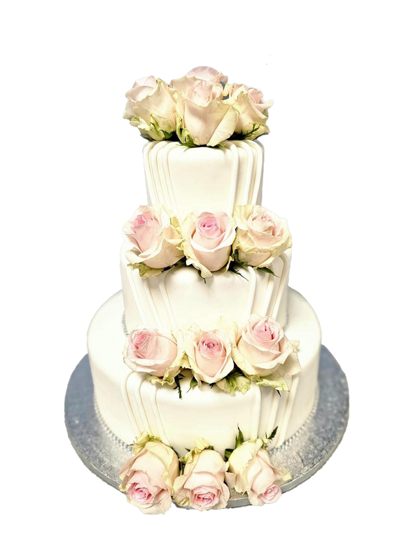 3 Etagen Hochzeitstorte weiß mit Streifenmuster und rosa Rosen