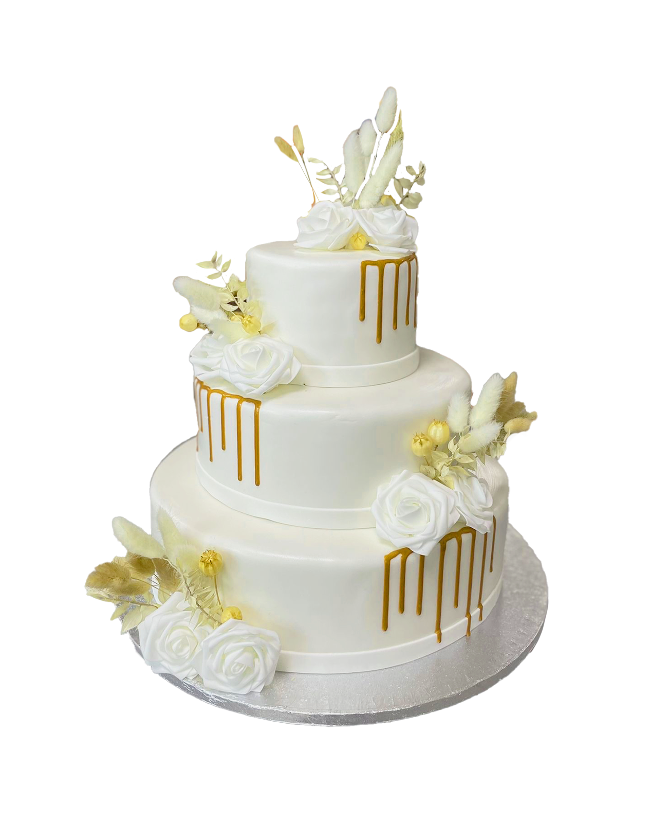 3 Etagen Hochzeitstorte weiß mit goldenem Drip und weißen Rosen