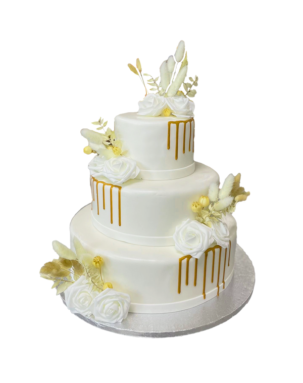 3 Etagen Hochzeitstorte weiß mit goldenem Drip und weißen Rosen