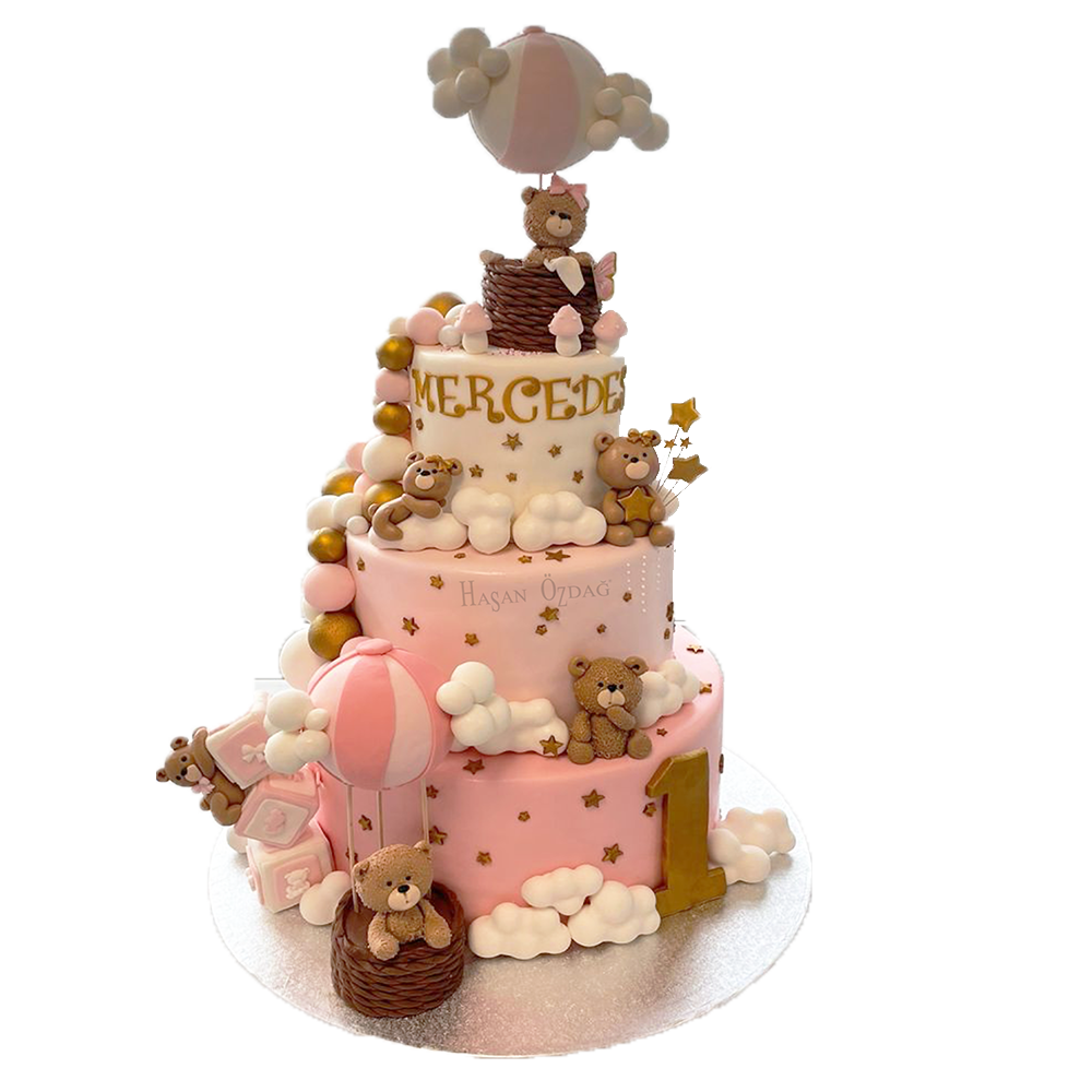 3 stöckige, rosa weiße Bärchen-Torte mit weiß goldenen rosa Kugeln, goldenen Sternen, Wolken, Heißluftballon und braznenmodellierten Bären