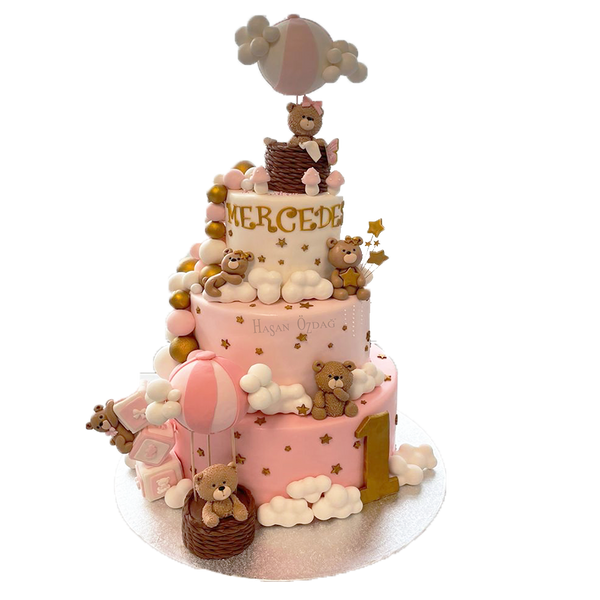 3 stöckige, rosa weiße Bärchen-Torte mit weiß goldenen rosa Kugeln, goldenen Sternen, Wolken, Heißluftballon und braznenmodellierten Bären