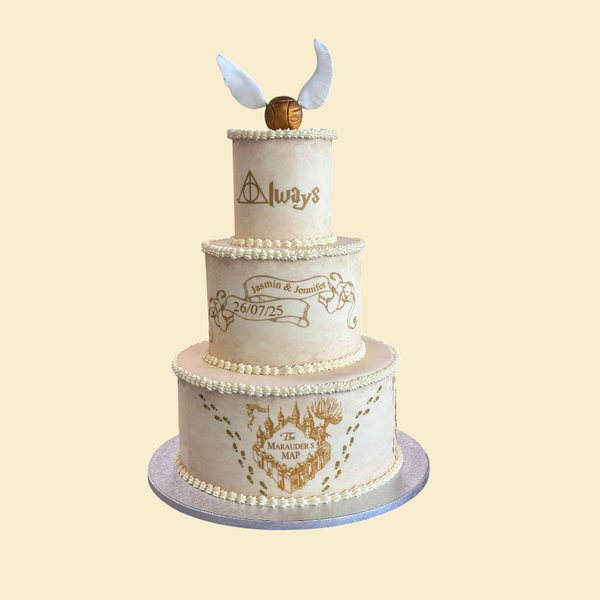 Harry-Potter-Hochzeitstorte „Always“ – dreistöckige Zauberwelt-Torte mit essbarem Design