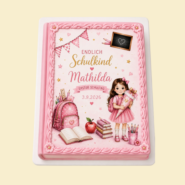 Personalisierte Buchtorte „Endlich Schulkind“ – Fondant-Torte mit Druckmotiv (Hellrosa)