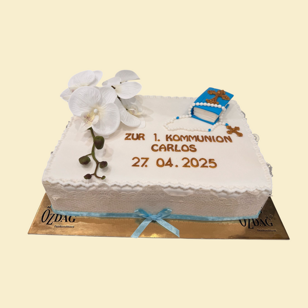 Kommunionstorte mit Spitze, Blumen und Wunschtext