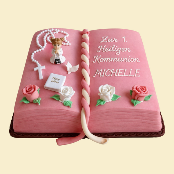 Rosa Kommunionstorte in Buchform