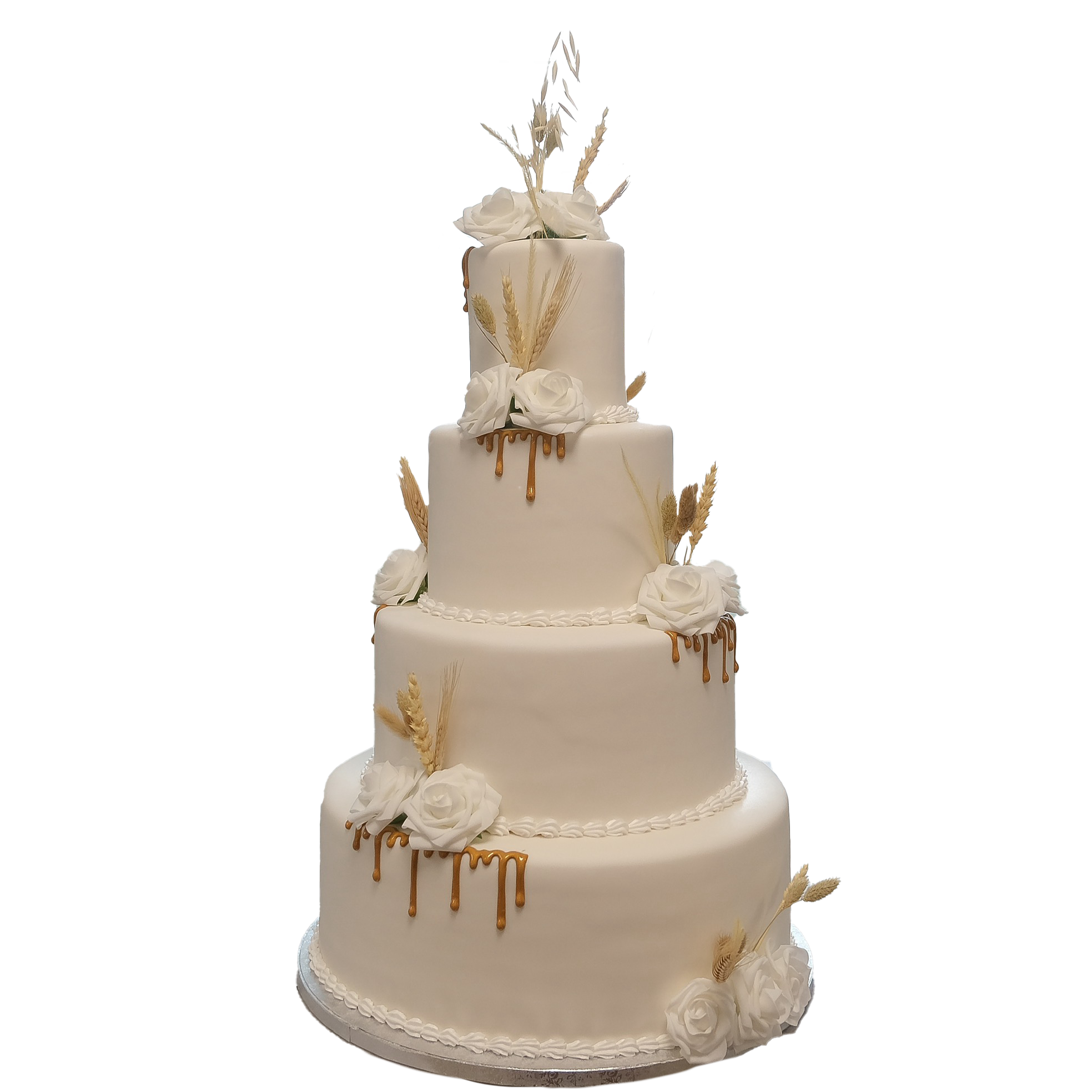 4 Etagen Hochzeitstorte weiß mit Golddrip Weizen weiße Rosen