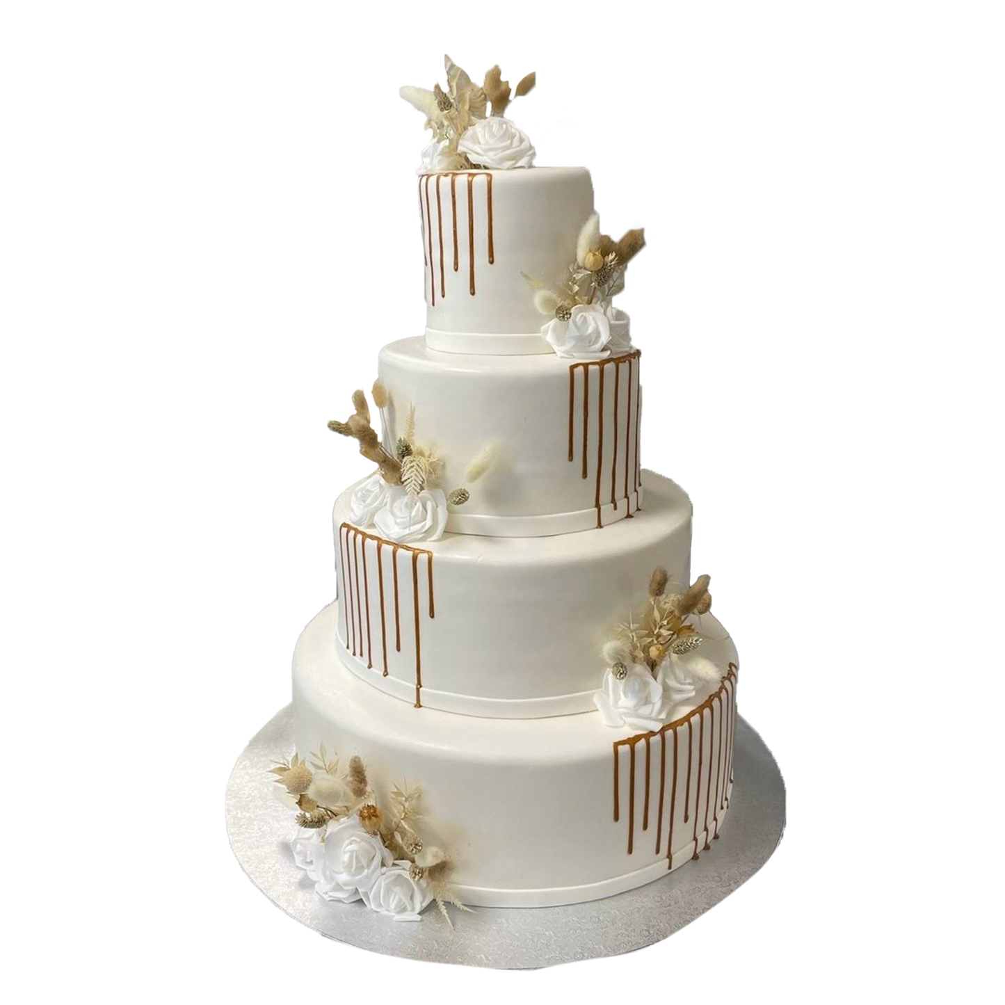 4 Etagen Hochzeitstorte weiß mit goldenen Drip und weißen Rosen und Trockenblumen