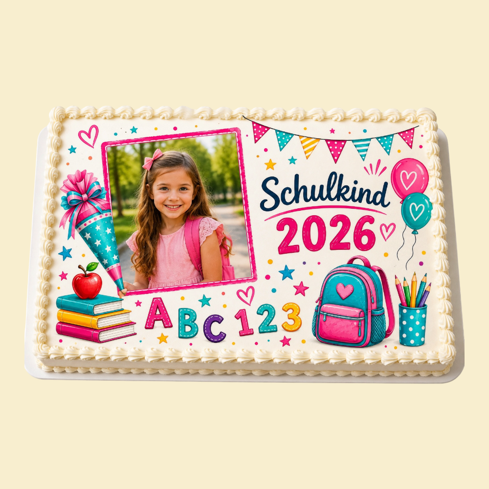 Rechteckige Einschulungstorte mit Foto – Personalisierter Fondant-Druck (Rosa)