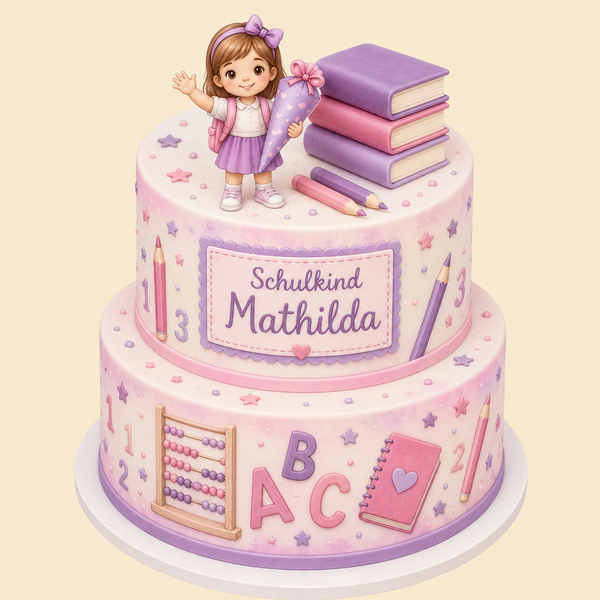 Premium-Einschulungstorte „ABC-Schulkind“ – Komplett bedruckte Fondanttorte (Mädchen)