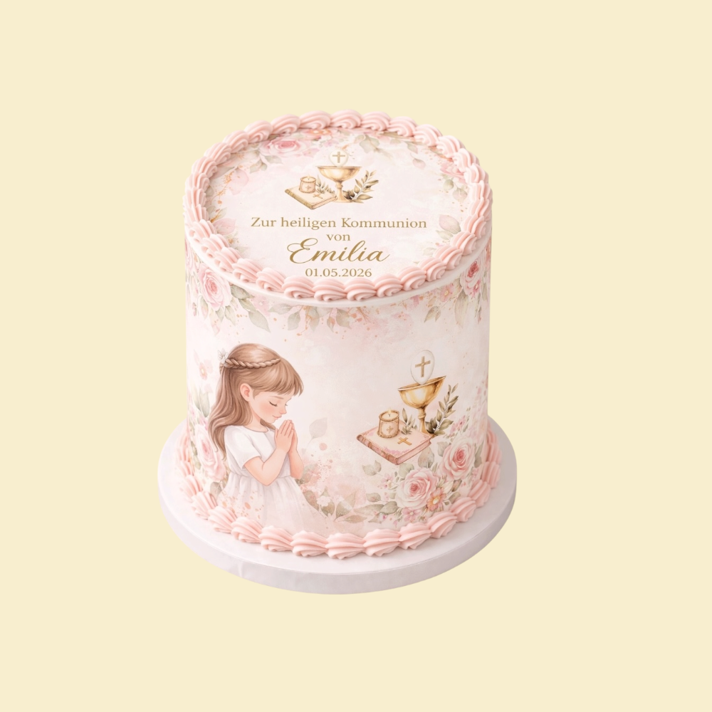 Personalisierte Kommunionstorte „Rosé Elegance“ mit Fondant-Fotodruck