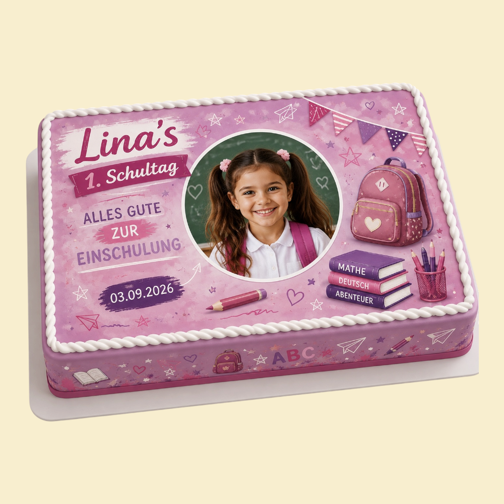 Rechteckige Einschulungstorte – „Lina“ mit Foto und Wunschname (Rosa-lila)