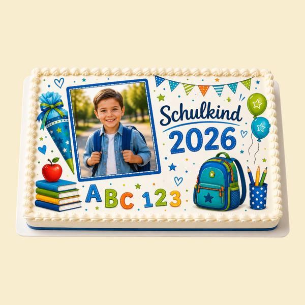 Rechteckige Einschulungstorte mit Foto – Personalisierter Fondant-Druck (Junge)