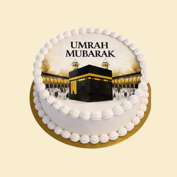 Umrah Mubarak Torte mit Kaaba-Motiv (Sahne)
