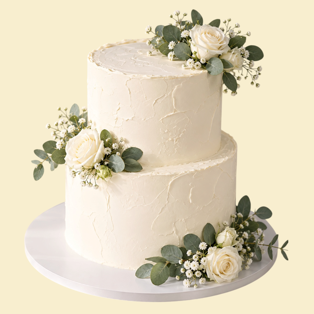 Natural Elegance – Buttercreme-Torte mit Rosen & Eukalyptus